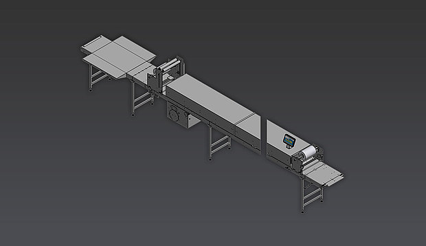Schokoladenmaschine CTB Tunnel mit Folienabdeckung zur Kühlung von Schokolade, als 3D-Render dargestellt.