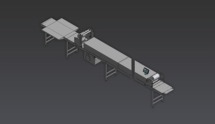 Schokoladenmaschine CTB Tunnel mit Folienabdeckung zur Kühlung von Schokolade, als 3D-Render dargestellt.