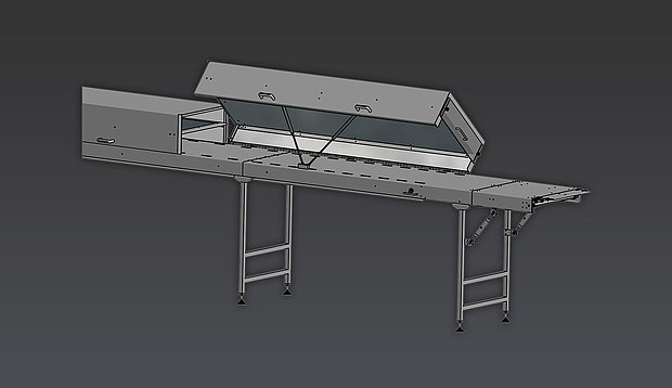 Schokoladenmaschine ctb.tunnel mit scharnier zur Kühlung von Schokolade, als 3D-Render dargestellt.
