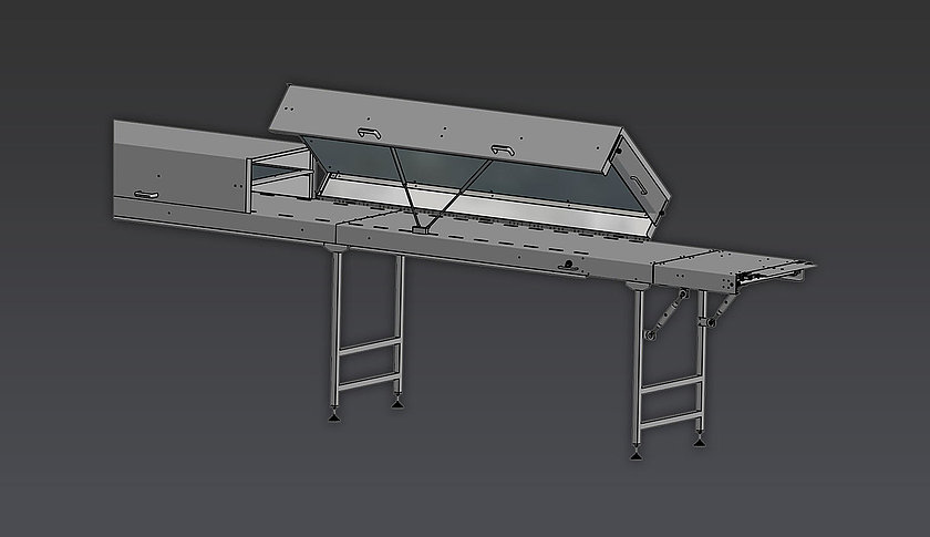 Schokoladenmaschine ctb.tunnel mit scharnier zur Kühlung von Schokolade, als 3D-Render dargestellt.